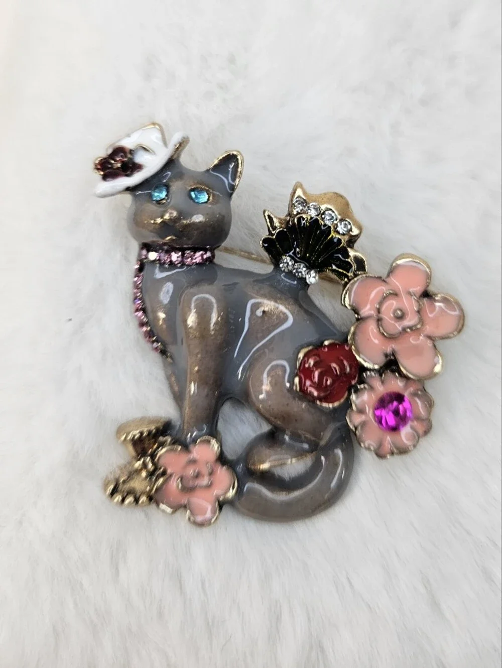Cat Brooch Pin in Gray with Pink Flower Accents